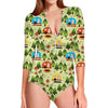 Camping Picnic Pattern Print Long Sleeve Swimsuit