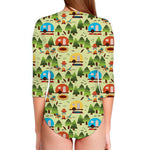 Camping Picnic Pattern Print Long Sleeve Swimsuit