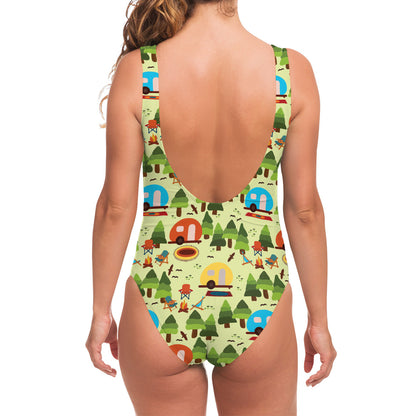Camping Picnic Pattern Print One Piece Swimsuit