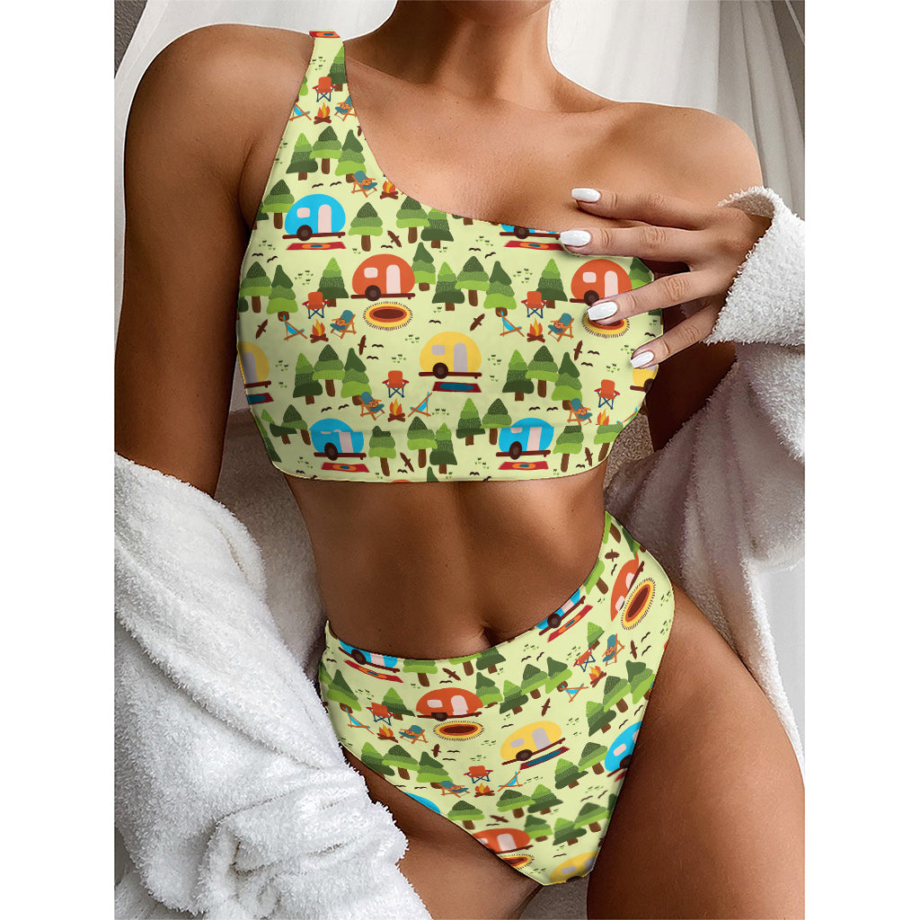 Camping Picnic Pattern Print One Shoulder Bikini Top