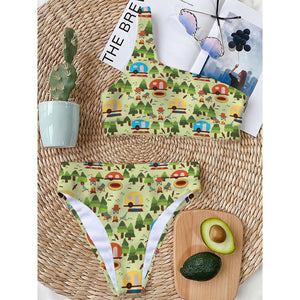 Camping Picnic Pattern Print One Shoulder Bikini Top