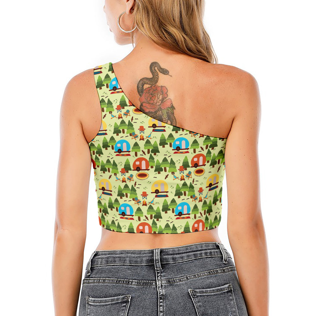 Camping Picnic Pattern Print One Shoulder Crop Top