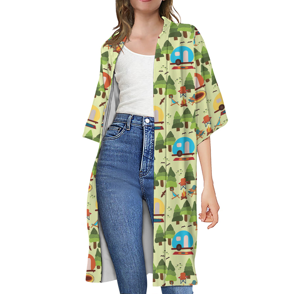 Camping Picnic Pattern Print Open Front Beach Cover Up