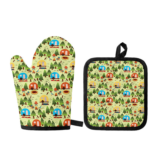 Camping Picnic Pattern Print Oven Mitt And Pot Holder Set