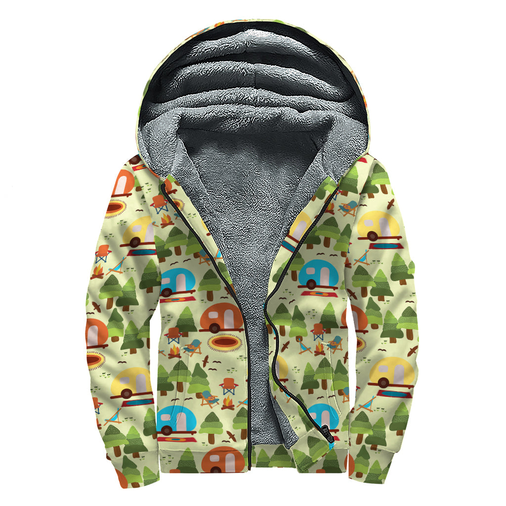 Camping Picnic Pattern Print Sherpa Lined Zip Up Hoodie