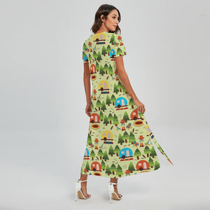 Camping Picnic Pattern Print Short Sleeve Maxi Dress