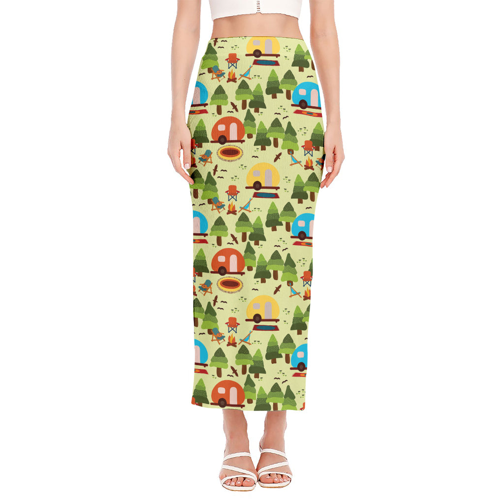 Camping Picnic Pattern Print Side Slit Maxi Skirt