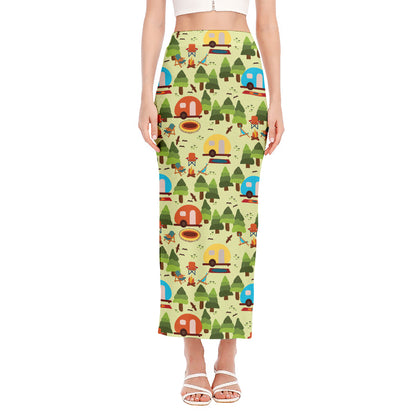 Camping Picnic Pattern Print Side Slit Maxi Skirt