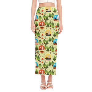 Camping Picnic Pattern Print Side Slit Maxi Skirt