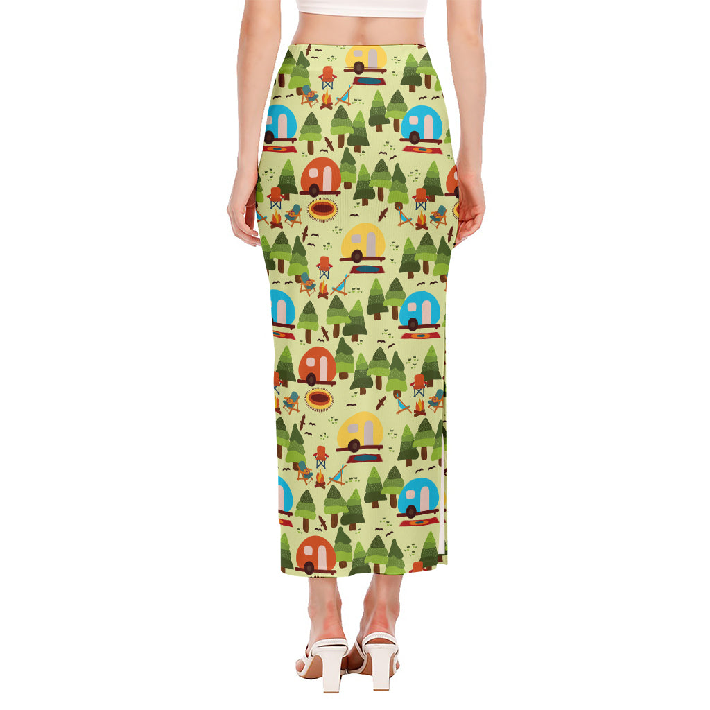 Camping Picnic Pattern Print Side Slit Maxi Skirt