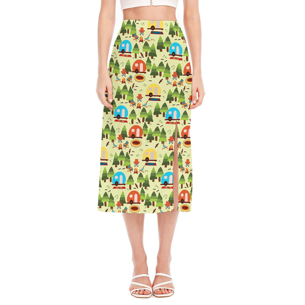 Camping Picnic Pattern Print Side Slit Midi Skirt