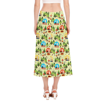Camping Picnic Pattern Print Side Slit Midi Skirt