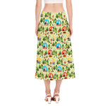 Camping Picnic Pattern Print Side Slit Midi Skirt