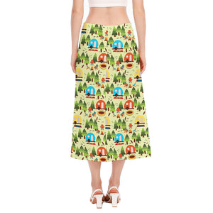 Camping Picnic Pattern Print Side Slit Midi Skirt