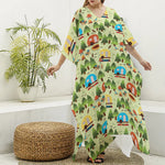 Camping Picnic Pattern Print Silk V-Neck Kaftan Dress