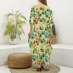 Camping Picnic Pattern Print Silk V-Neck Kaftan Dress