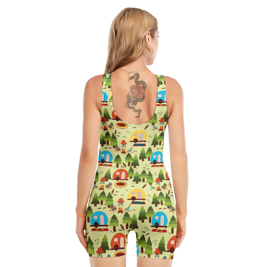 Camping Picnic Pattern Print Sleeveless One Piece Swimsuit