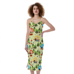 Camping Picnic Pattern Print Slim Fit Midi Cami Dress