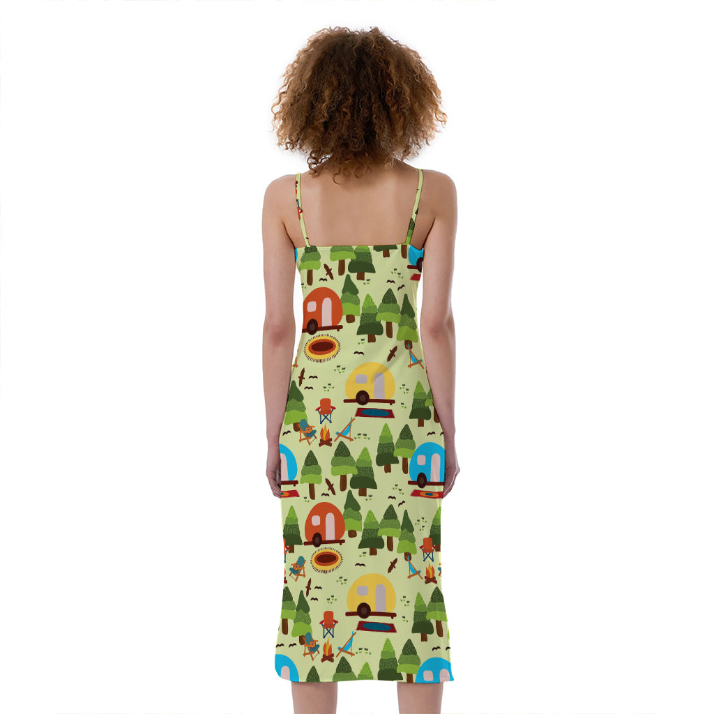 Camping Picnic Pattern Print Slim Fit Midi Cami Dress