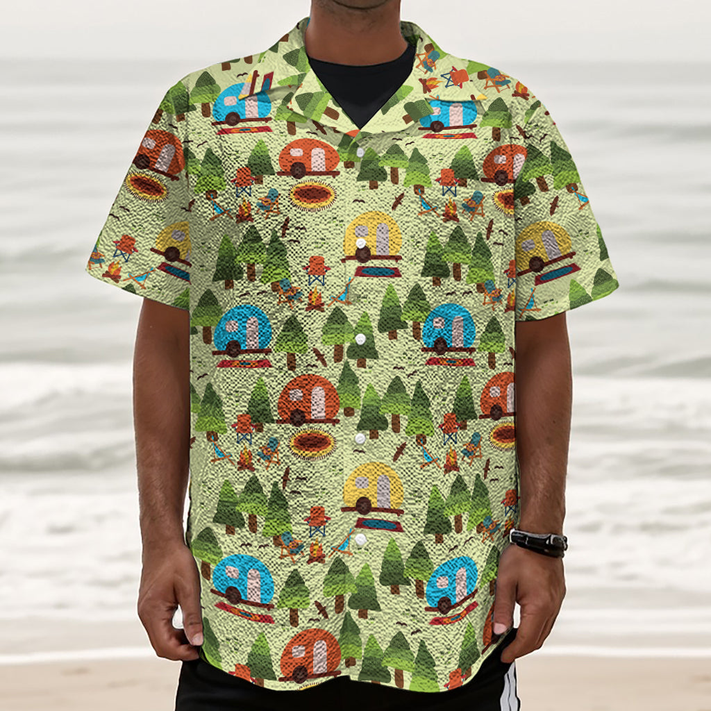 Camping Picnic Pattern Print Textured Short Sleeve Shirt