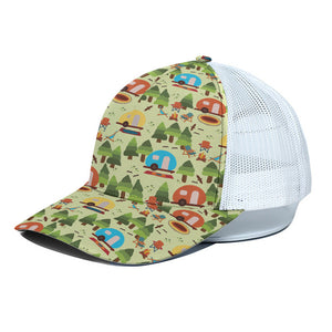 Camping Picnic Pattern Print White Mesh Trucker Cap