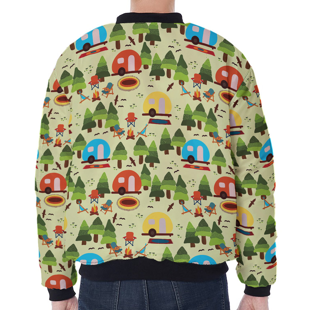 Camping Picnic Pattern Print Zip Sleeve Bomber Jacket