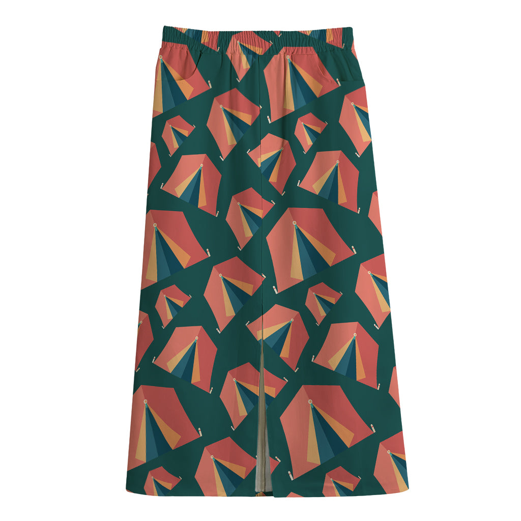 Camping Tent Pattern Print Cotton Front Slit Maxi Skirt