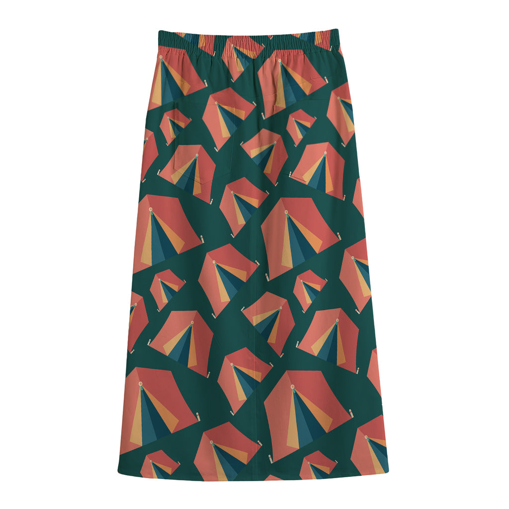 Camping Tent Pattern Print Cotton Front Slit Maxi Skirt