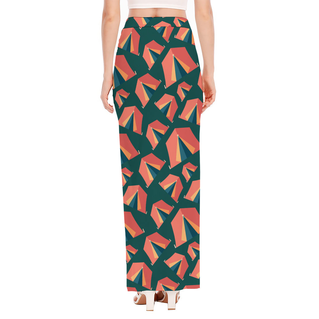 Camping Tent Pattern Print High Slit Maxi Skirt