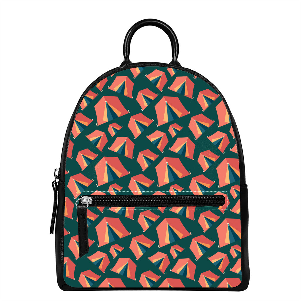 Camping Tent Pattern Print Leather Backpack