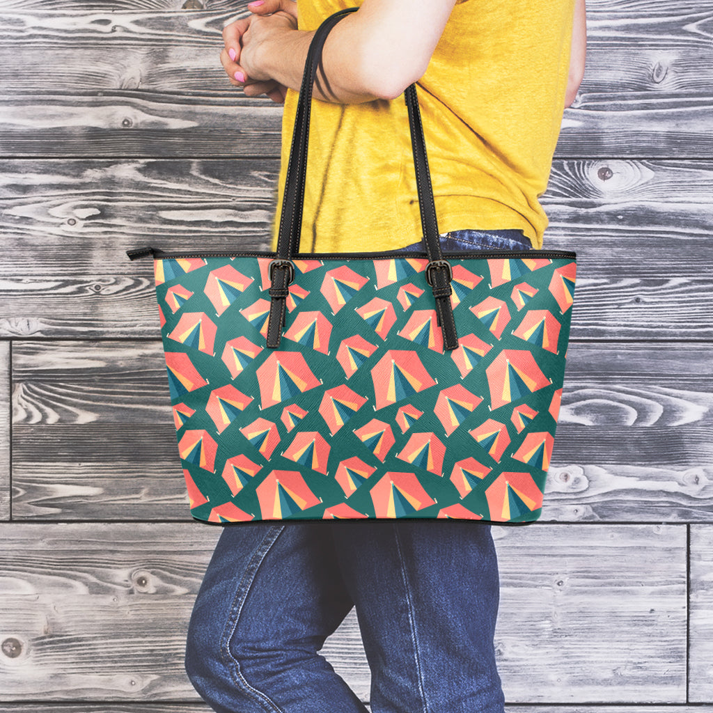 Camping Tent Pattern Print Leather Tote Bag