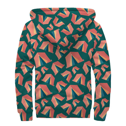 Camping Tent Pattern Print Sherpa Lined Zip Up Hoodie