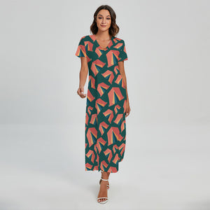 Camping Tent Pattern Print Short Sleeve Maxi Dress