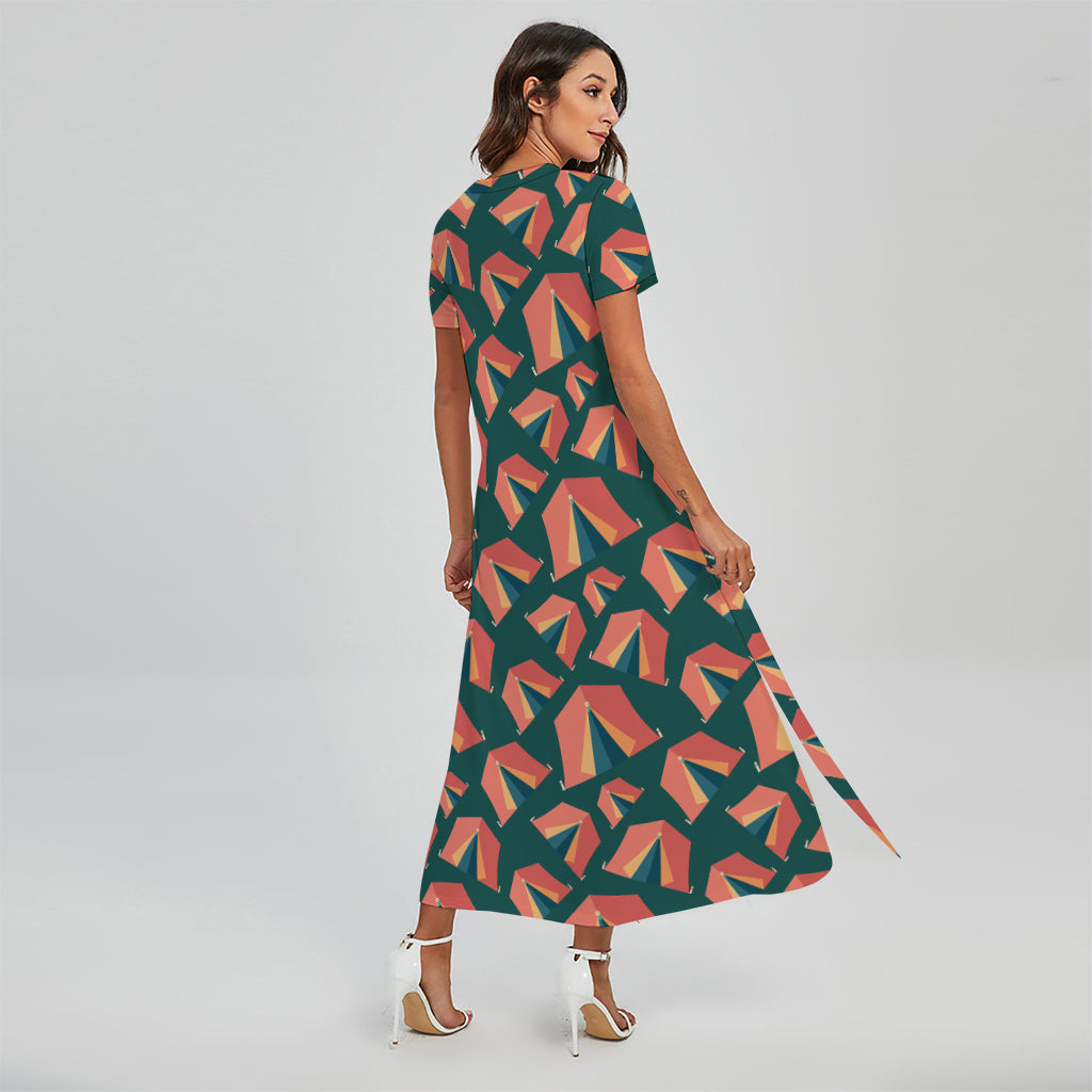 Camping Tent Pattern Print Short Sleeve Maxi Dress