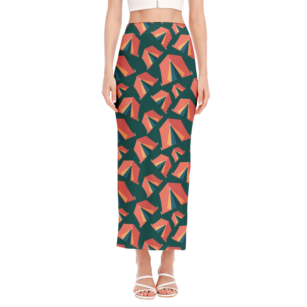 Camping Tent Pattern Print Side Slit Maxi Skirt