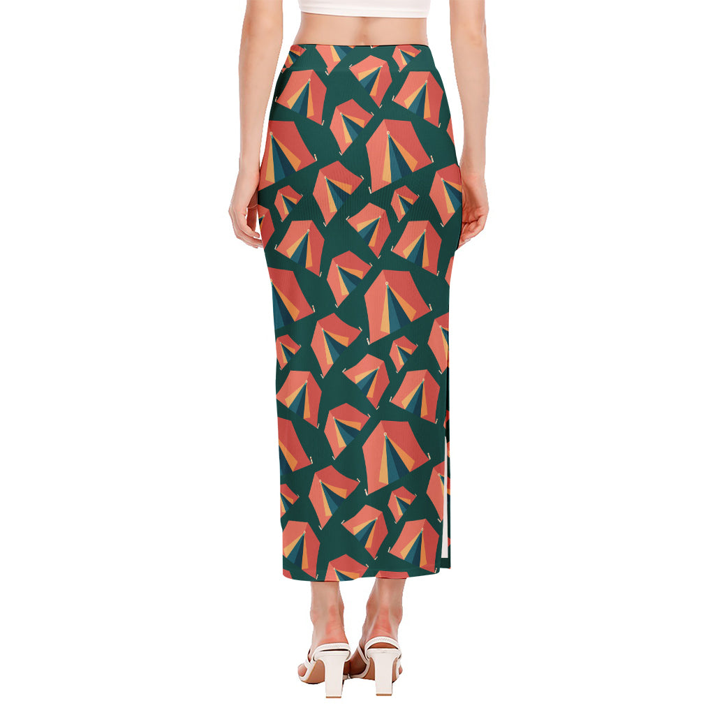 Camping Tent Pattern Print Side Slit Maxi Skirt