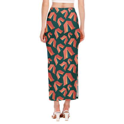 Camping Tent Pattern Print Side Slit Maxi Skirt
