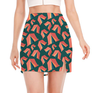 Camping Tent Pattern Print Side Slit Mini Skirt