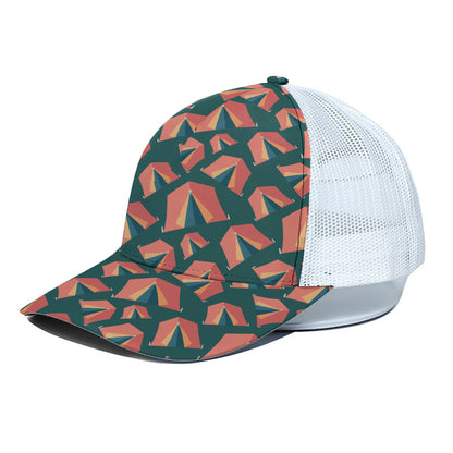 Camping Tent Pattern Print White Mesh Trucker Cap