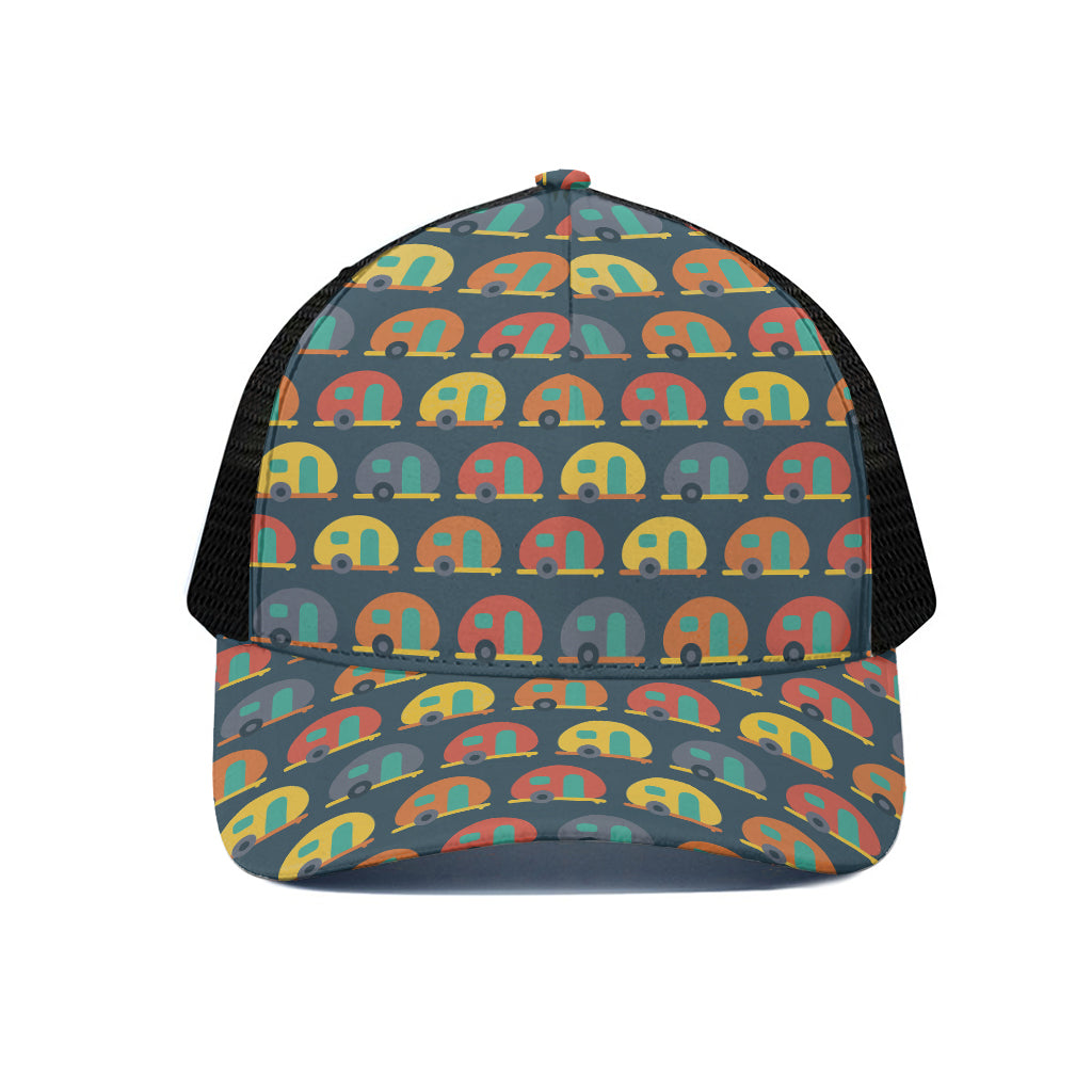 Camping Van Pattern Print Black Mesh Trucker Cap