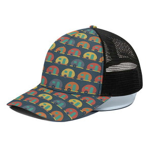 Camping Van Pattern Print Black Mesh Trucker Cap