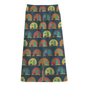 Camping Van Pattern Print Cotton Front Slit Maxi Skirt