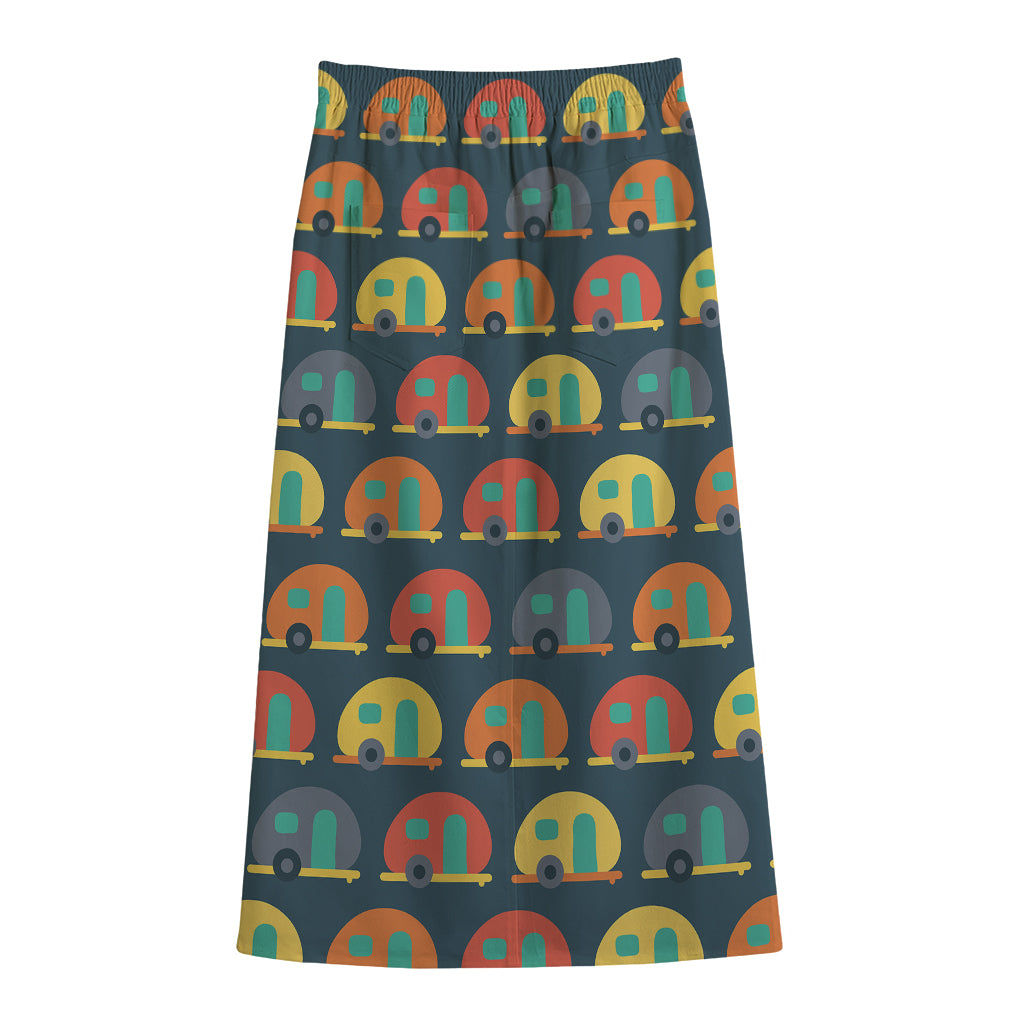 Camping Van Pattern Print Cotton Front Slit Maxi Skirt