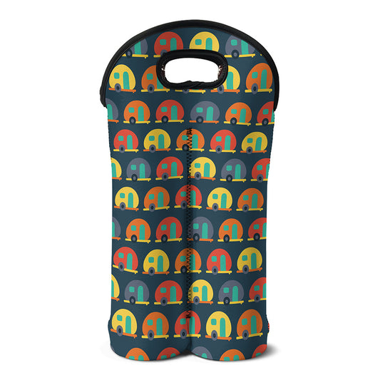 Camping Van Pattern Print Double Neoprene Wine Tote