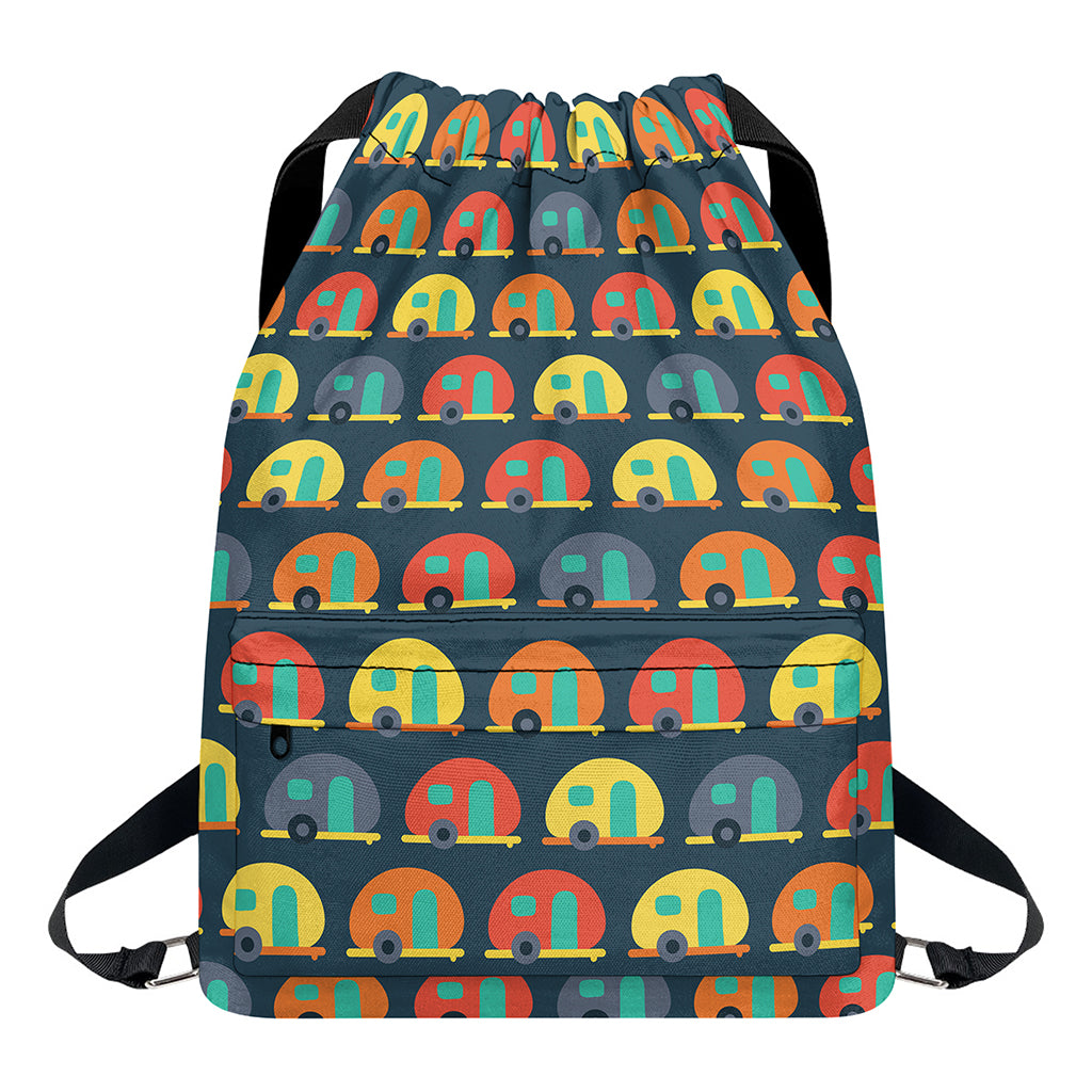 Camping Van Pattern Print Drawstring Backpack