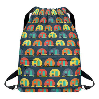Camping Van Pattern Print Drawstring Backpack