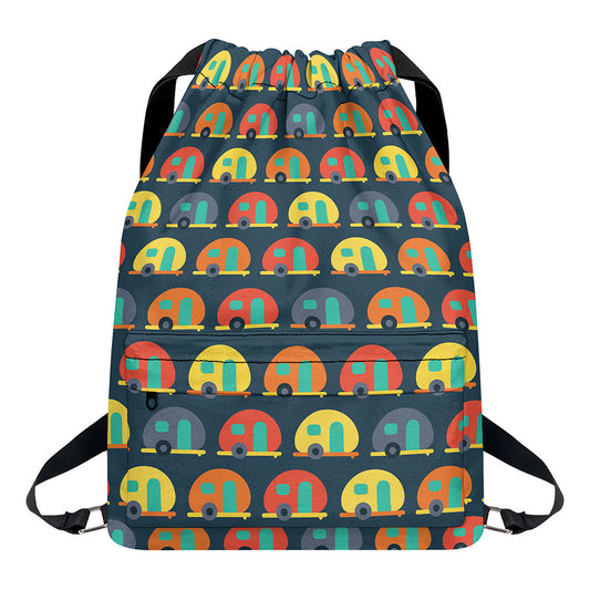 Camping Van Pattern Print Drawstring Backpack