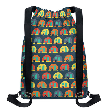 Camping Van Pattern Print Drawstring Backpack