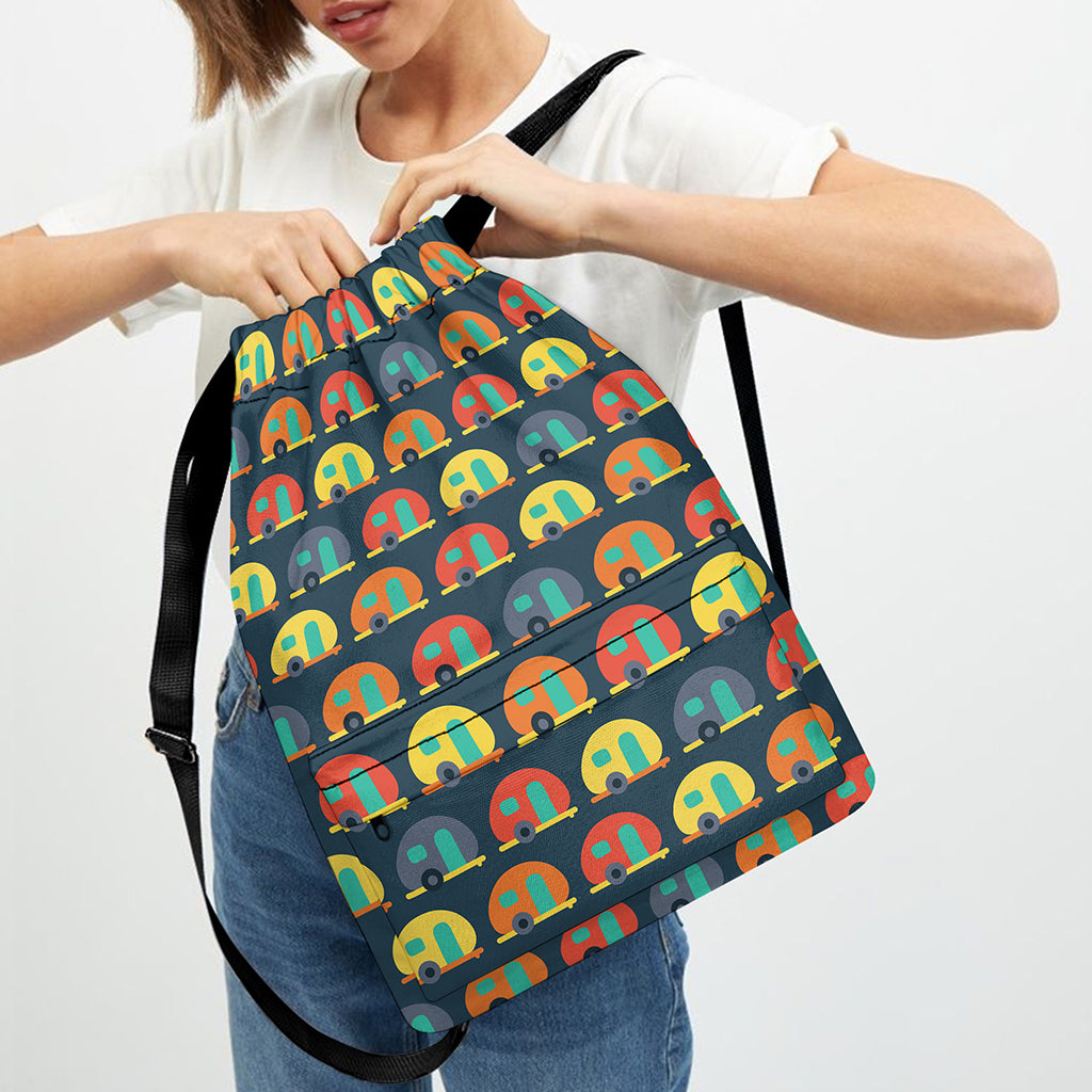 Camping Van Pattern Print Drawstring Backpack