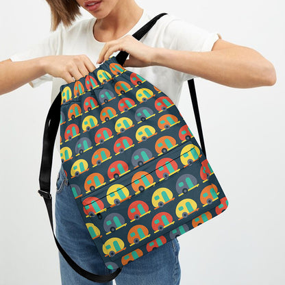Camping Van Pattern Print Drawstring Backpack